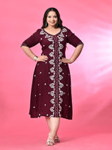 Plus Size Wine Aari Embroidered Dress