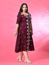 Plus Size Wine Aari Embroidered Dress