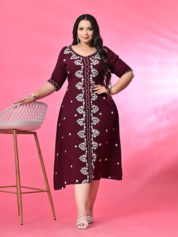 Plus Size Wine Aari Embroidered Dress