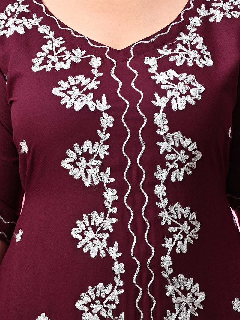 Plus Size Wine Aari Embroidered Dress