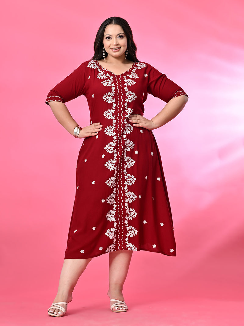 Plus Size Maroon Aari Embroidered Dress