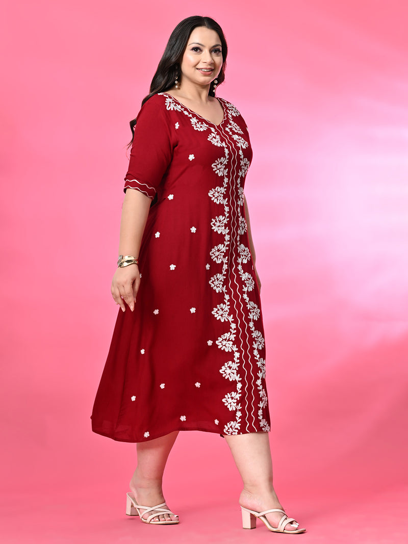 Plus Size Maroon Aari Embroidered Dress