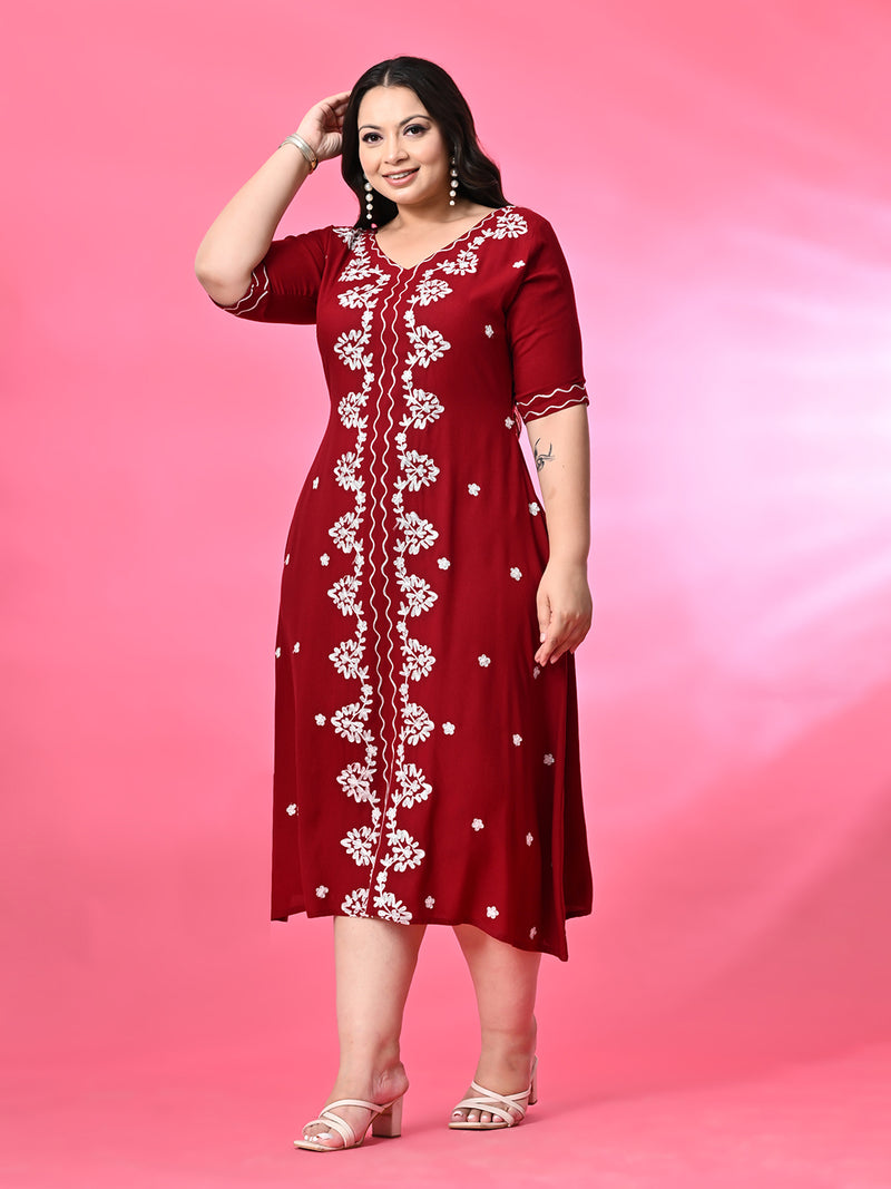 Plus Size Maroon Aari Embroidered Dress