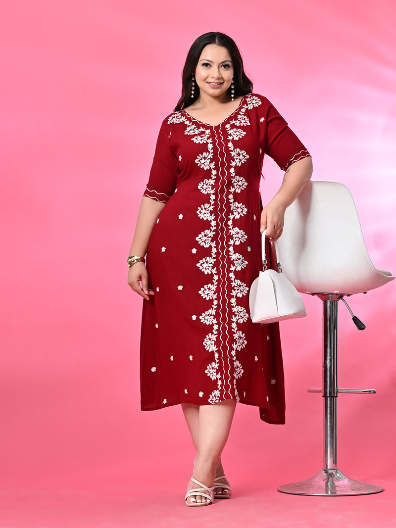 Plus Size Maroon Aari Embroidered Dress