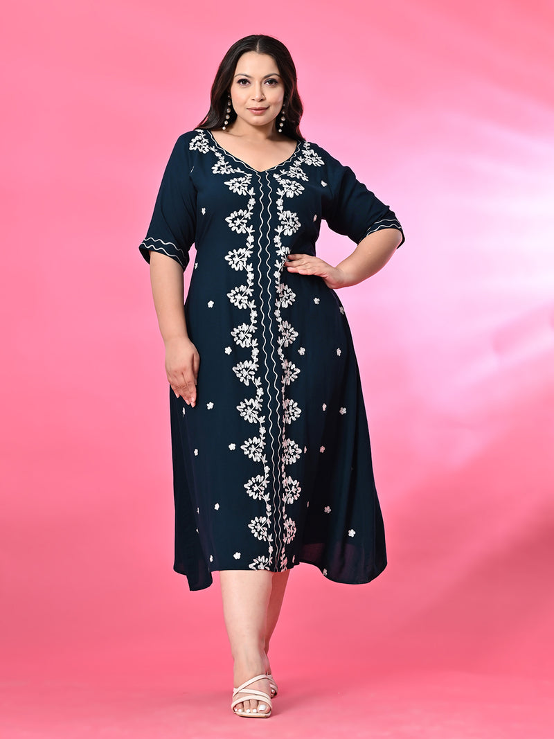 Plus Size Teal Aari Embroidered Dress