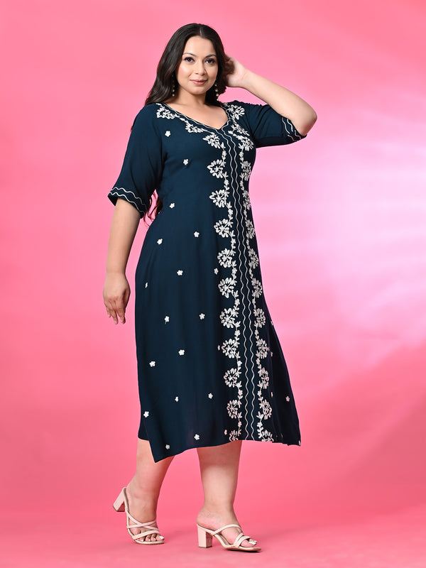 Plus Size Teal Aari Embroidered Dress