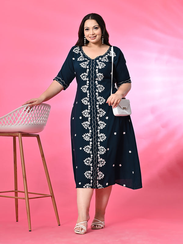 Plus Size Teal Aari Embroidered Dress