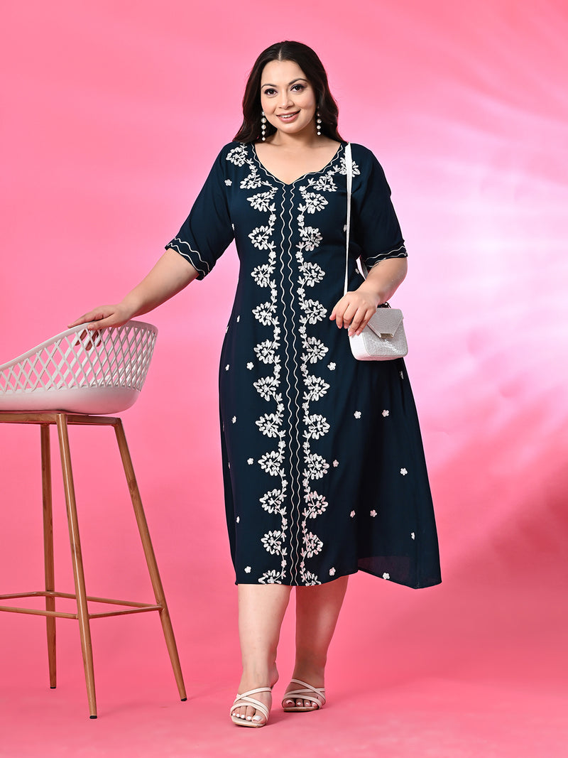 Plus Size Teal Aari Embroidered Dress