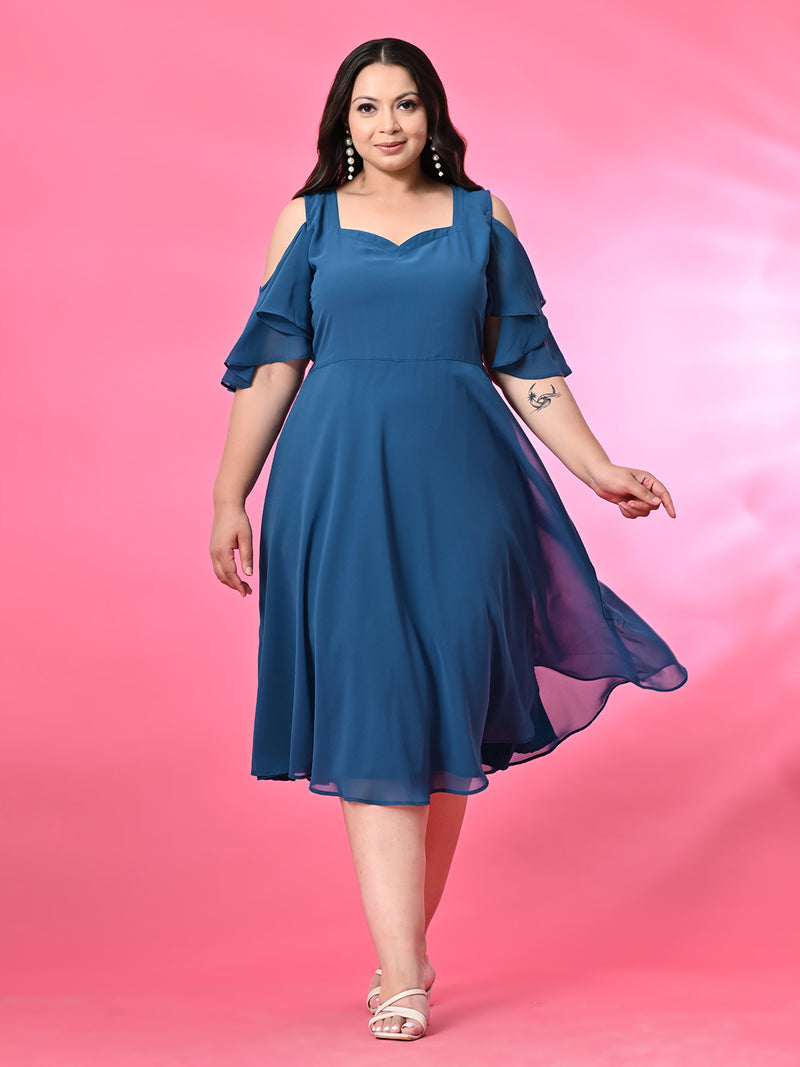 Plus Size Firozi Cold Shoulder Georgette Dress