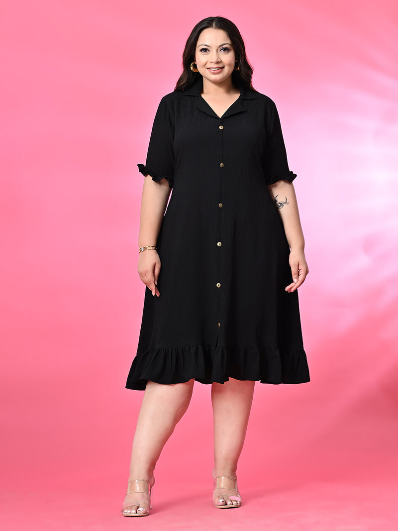 Plus Size Black Crinkle Collared Dress