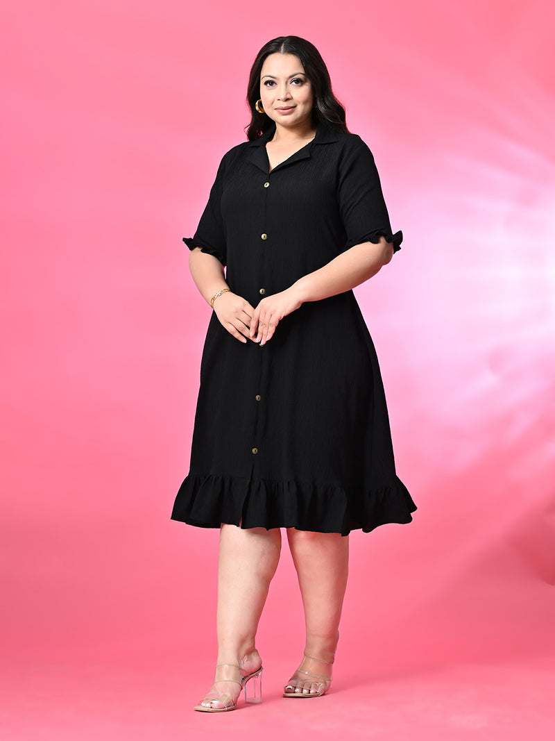 Plus Size Black Crinkle Collared Dress