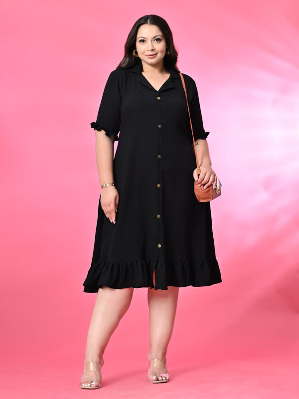 Plus Size Black Crinkle Collared Dress