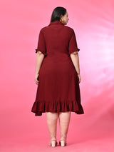 Plus Size Maroon Crinkle Collared Dress