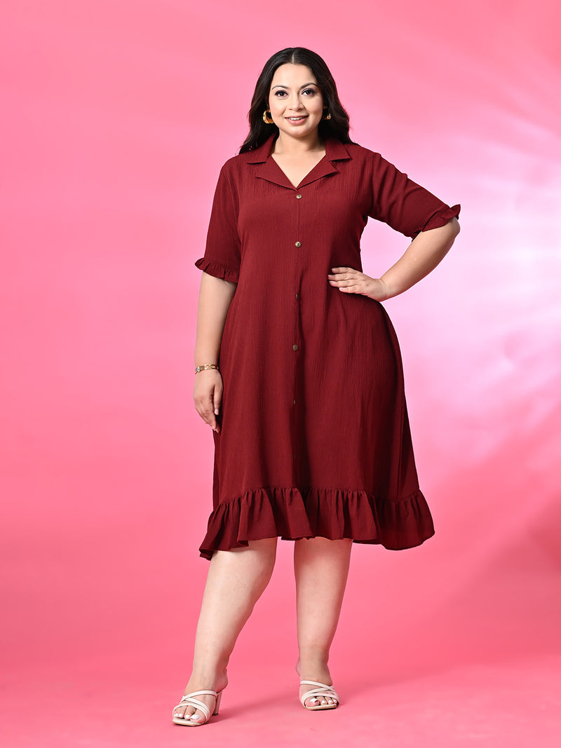 Plus Size Maroon Crinkle Collared Dress