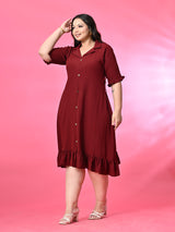 Plus Size Maroon Crinkle Collared Dress