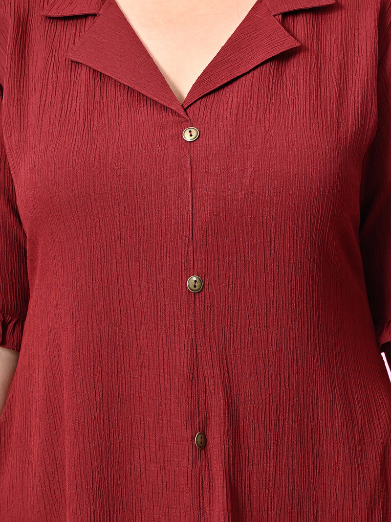 Plus Size Maroon Crinkle Collared Dress