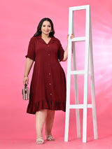 Plus Size Maroon Crinkle Collared Dress