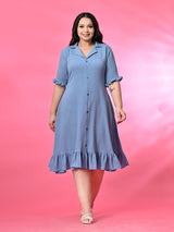 Plus Size Sky Blue Crinkle Collared Dress