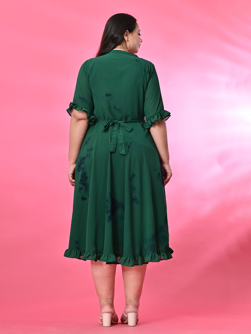 Plus Size Bright Green Tie Dye Georgette Knot Dress