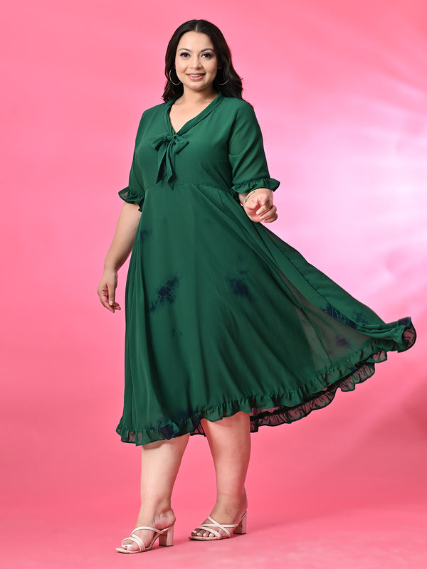 Plus Size Bright Green Tie Dye Georgette Knot Dress