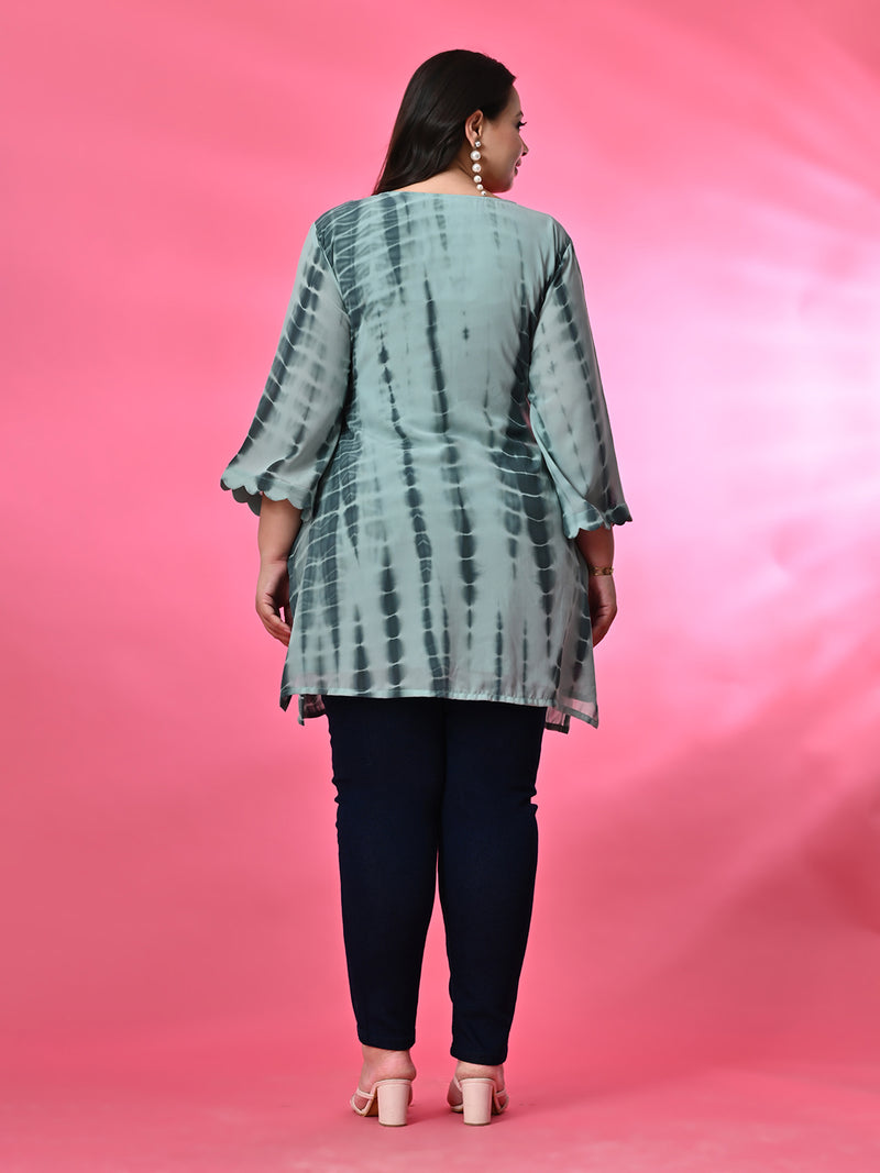 Plus Size Sea Green Tie Dye Georgette Short Kurta