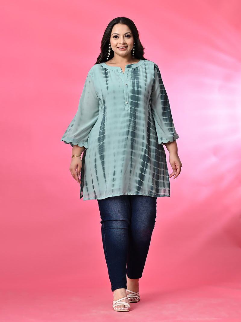 Plus Size Sea Green Tie Dye Georgette Short Kurta