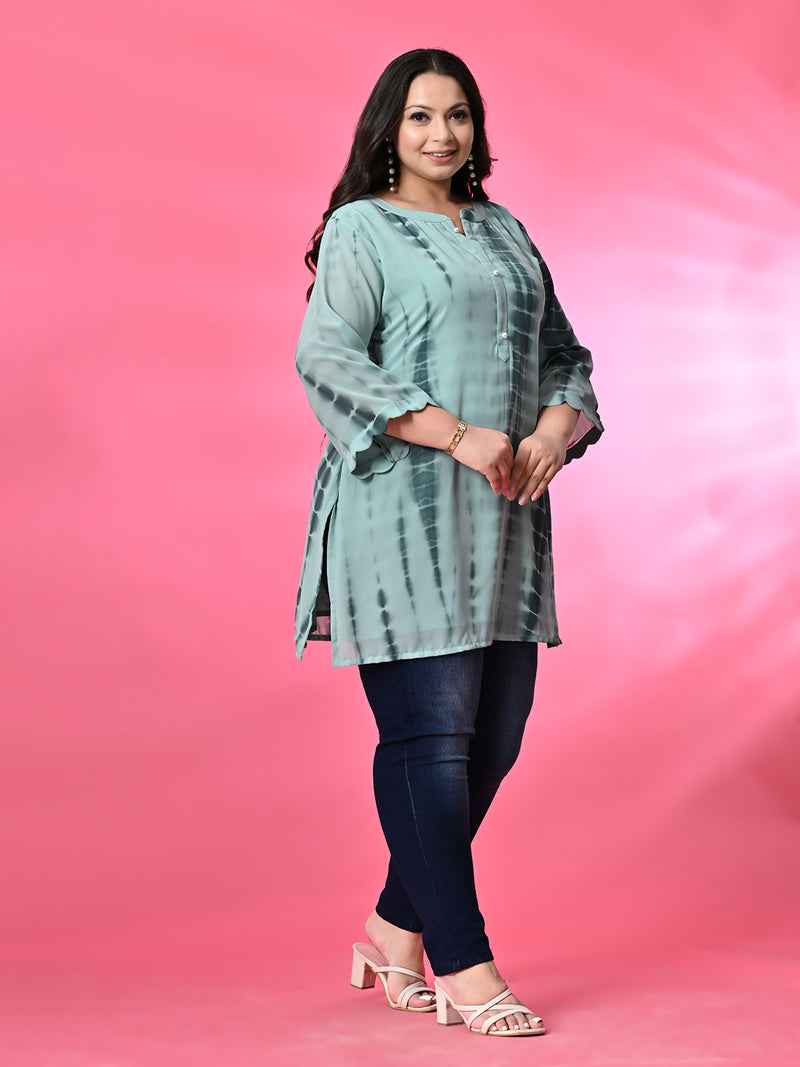 Plus Size Sea Green Tie Dye Georgette Short Kurta