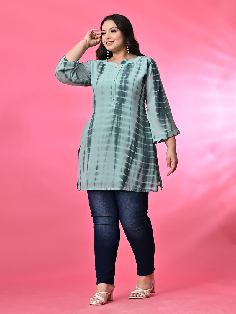 Plus Size Sea Green Tie Dye Georgette Short Kurta