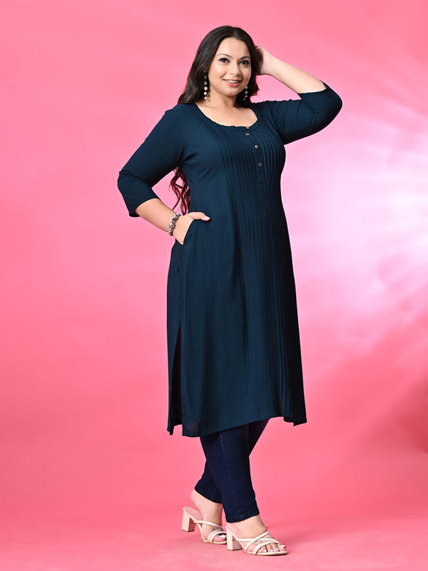 Plus Size Teal Blue Pintex Solid Rayon Kurta