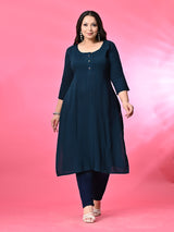 Plus Size Teal Blue Pintex Solid Rayon Kurta