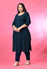 Plus Size Teal Blue Pintex Solid Rayon Kurta