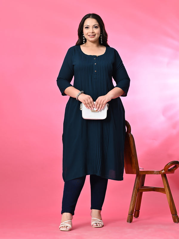 Plus Size Teal Blue Pintex Solid Rayon Kurta