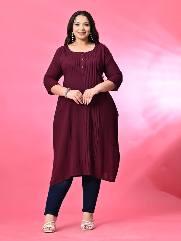 Plus Size Wine Pintex Solid Rayon Kurta