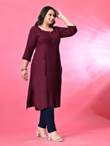 Plus Size Wine Pintex Solid Rayon Kurta