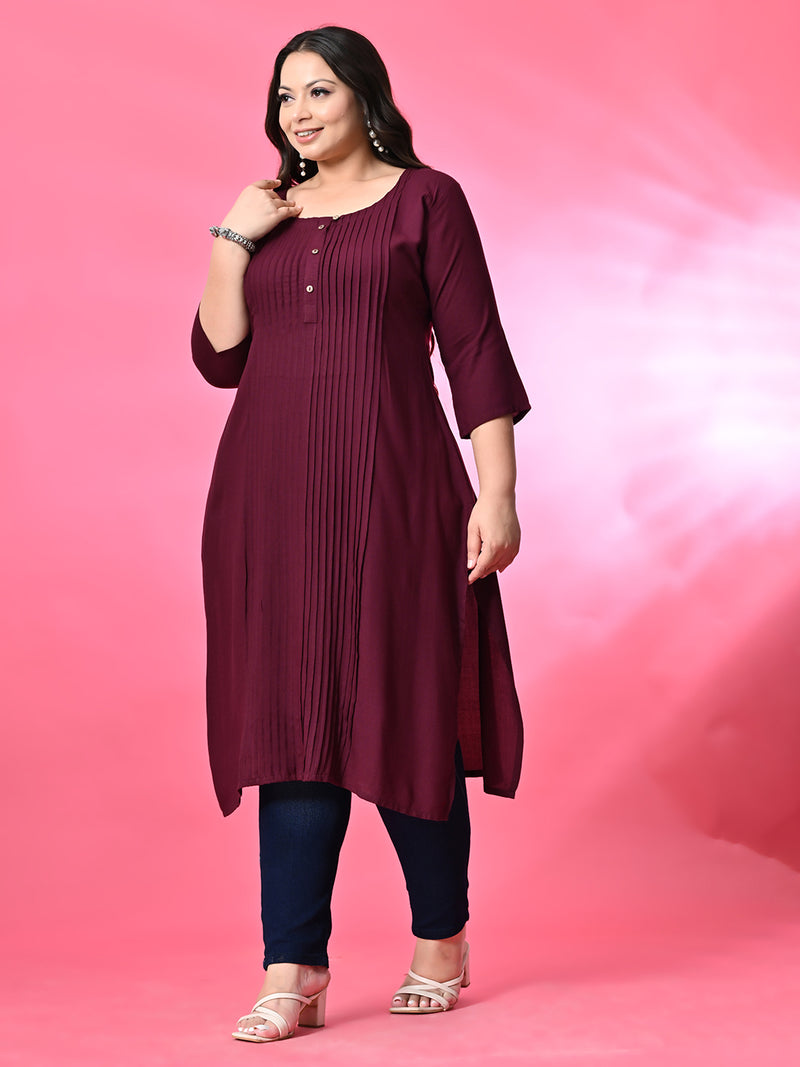 Plus Size Wine Pintex Solid Rayon Kurta