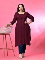 Plus Size Wine Pintex Solid Rayon Kurta