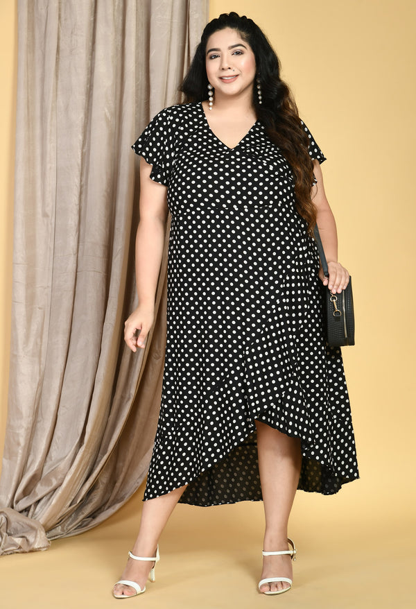 Plus Size Black Polka Dots Wrap Dress