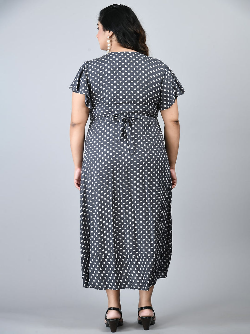 Plus Size Grey Polka Dots Wrap Dress