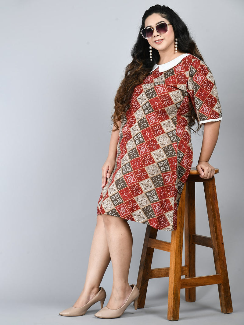 Plus Size Red Bandhani Printed Ethnic Dress