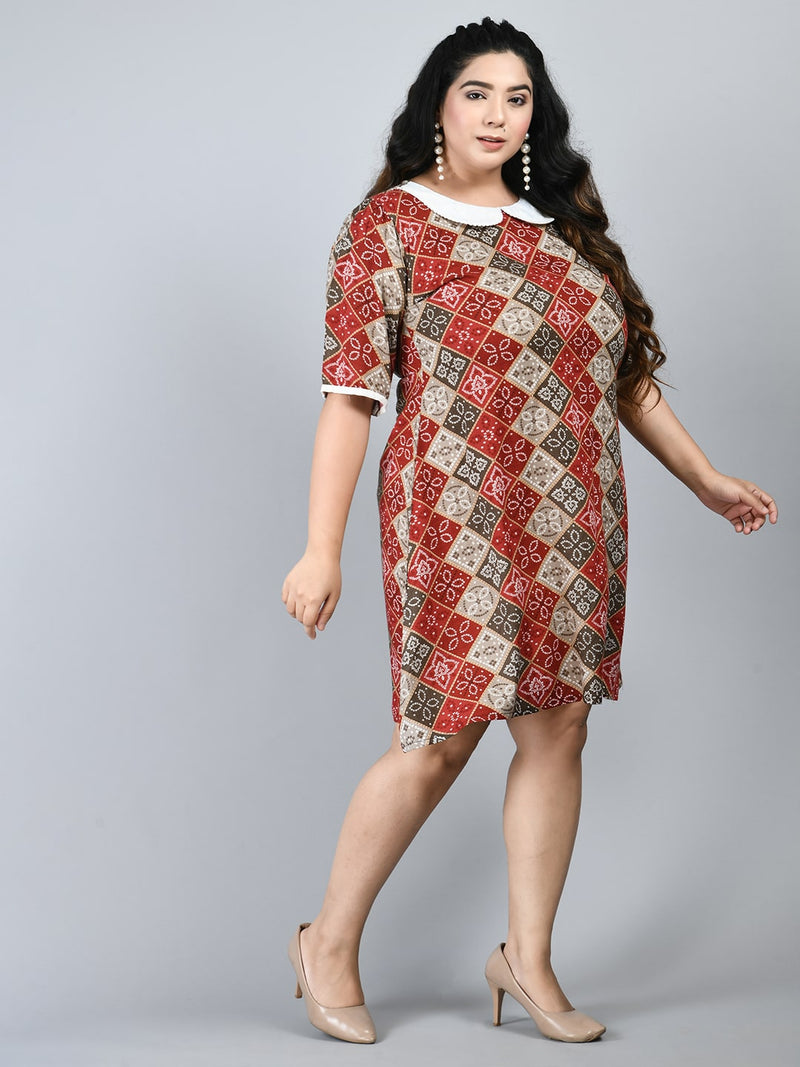 Plus Size Red Bandhani Printed Ethnic Dress