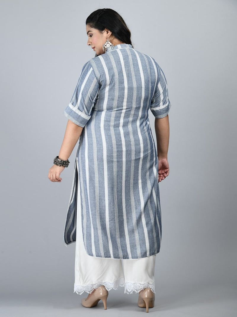 Plus Size Minimalistic Striped Grey Kurta Palazzo Set