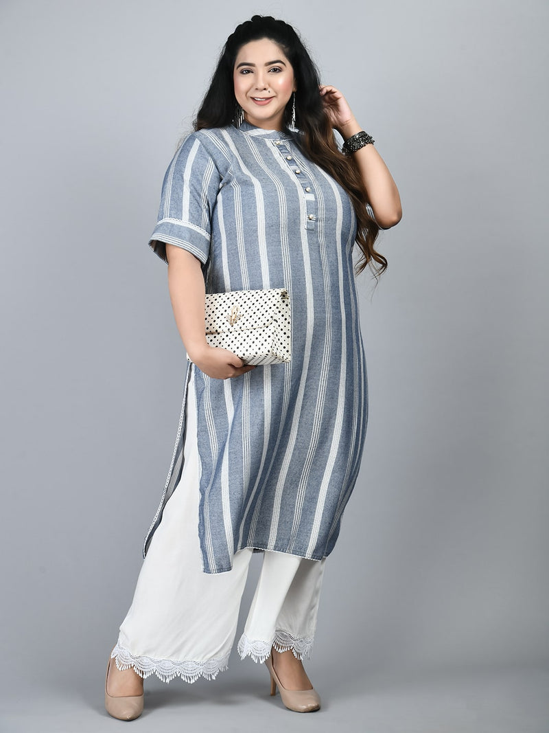 Plus Size Minimalistic Striped Grey Kurta Palazzo Set