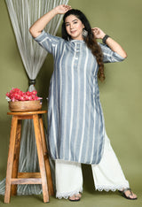 Plus Size Minimalistic Striped Grey Kurta Palazzo Set