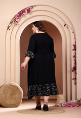 Plus Size Black Printed Rayon Frill Dress