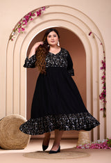 Plus Size Black Printed Rayon Frill Dress