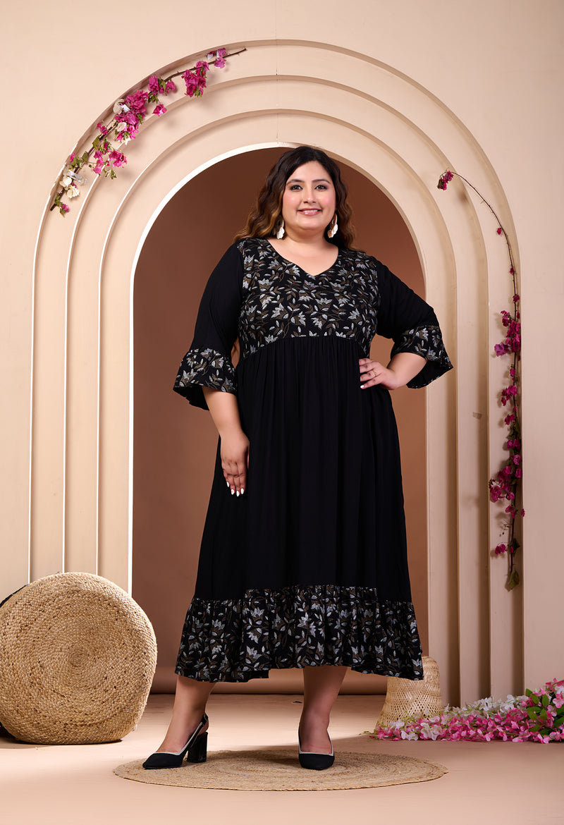 Plus Size Black Printed Rayon Frill Dress