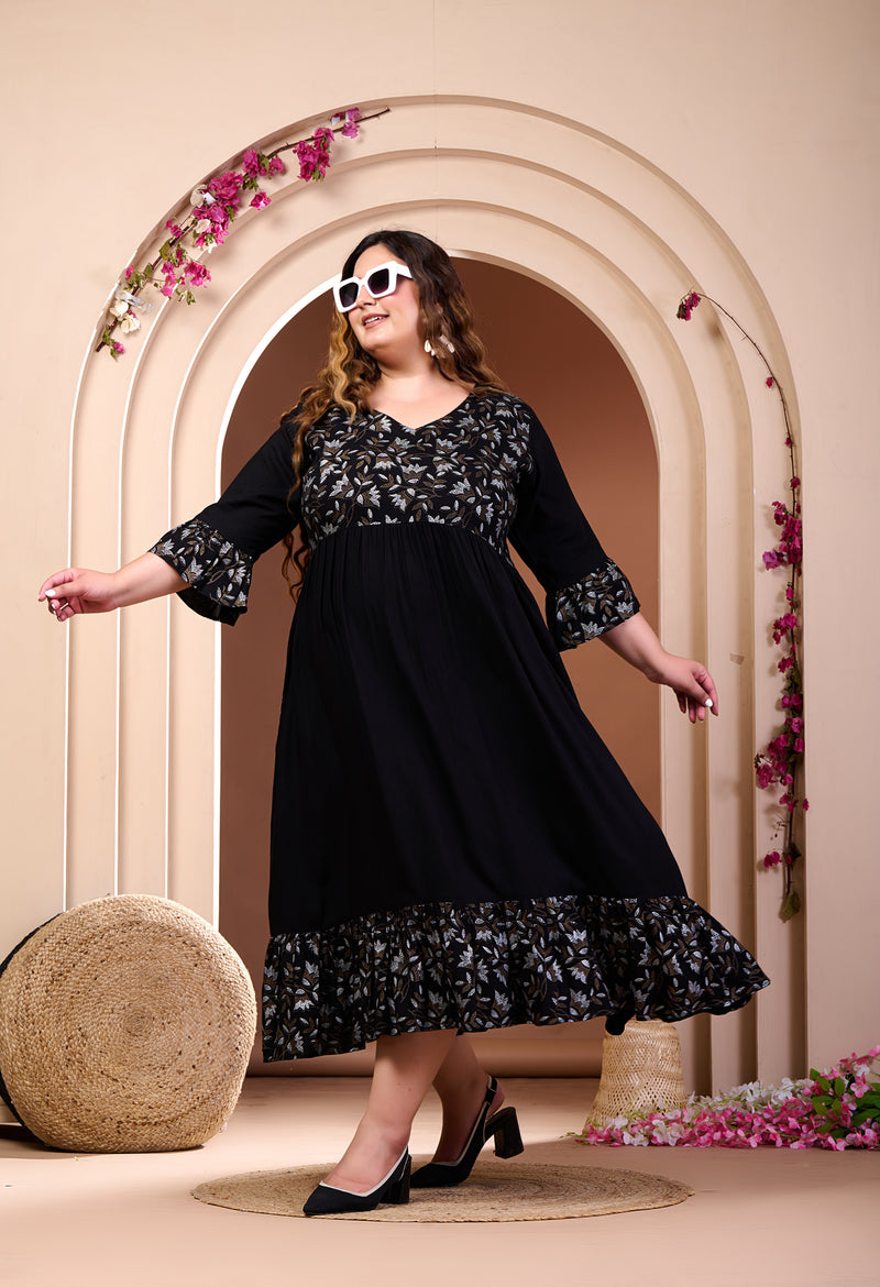 Plus Size Black Printed Rayon Frill Dress