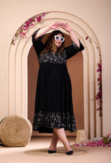 Plus Size Black Printed Rayon Frill Dress