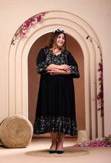 Plus Size Black Printed Rayon Frill Dress