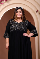 Plus Size Black Printed Rayon Frill Dress